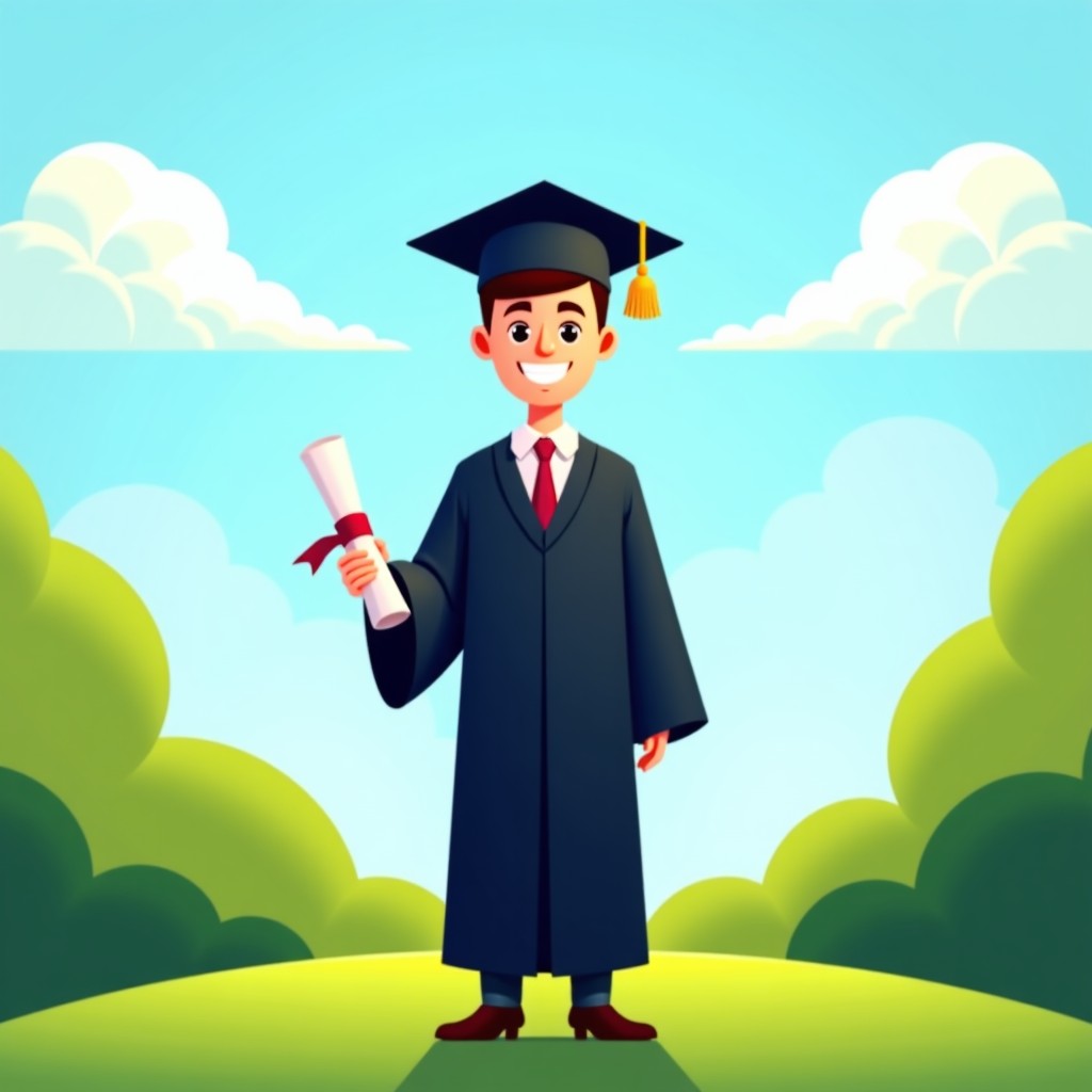 A happy university graduate wearing a black gown and cap, holding a diploma, standing on a green campus lawn under a blue sky. Bright and hopeful atmosphere, 4:3