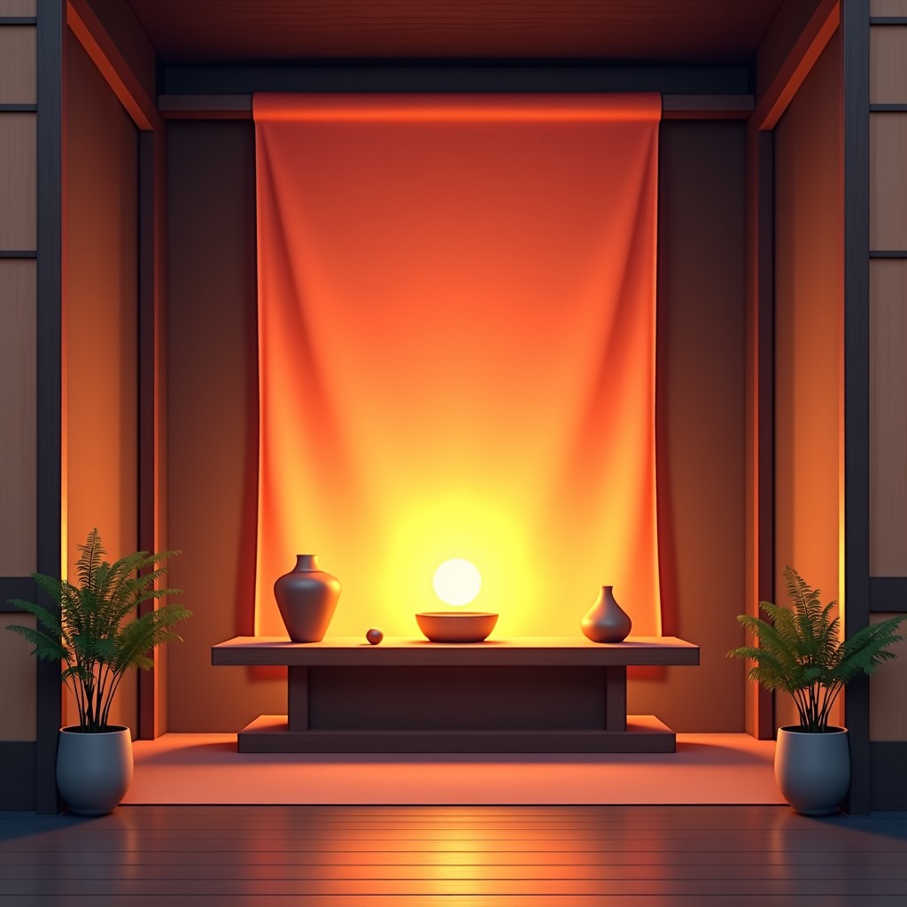 A serene and clean interior of a modern Korean shamanic shrine with traditional wooden furniture a colorful silk cloth background and warm ambient lighting. The atmosphere is peaceful and spiritual. No text or people. 1:1