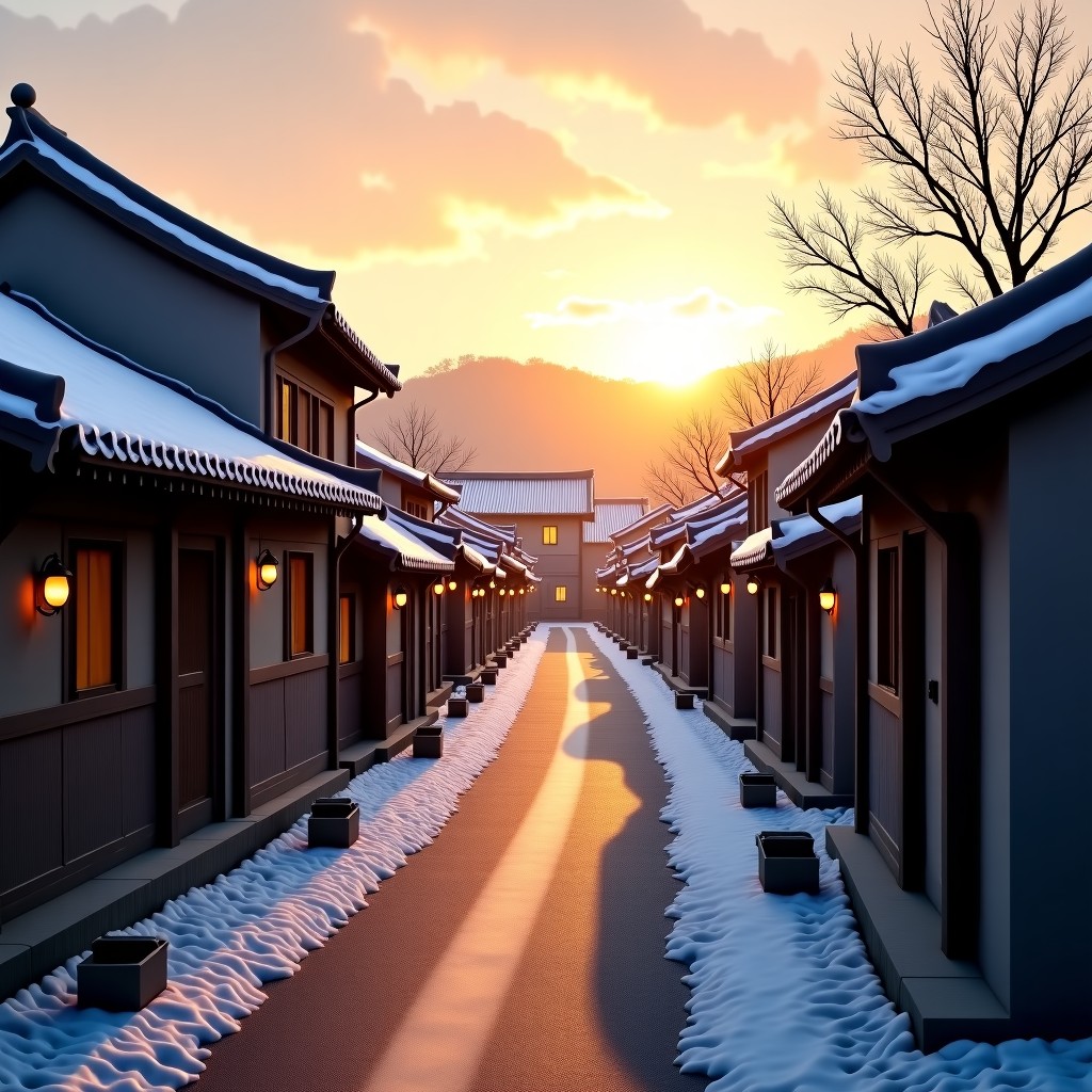 A serene traditional Korean Hanok village at sunrise during winter, snow lightly covering the tiled roofs, warm golden light, elegant and peaceful atmosphere, high quality photography, 16:9 aspect ratio.