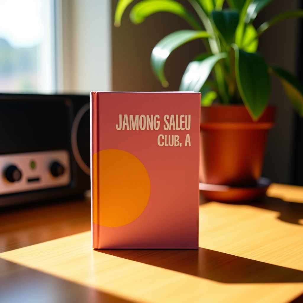A small pink and orange book titled Jamong Salgu Club resting on a cozy wooden desk with soft sunlight. In the background, there is a blurry music player and a warm indoor plant. Lifestyle photography, high contrast, 4:3