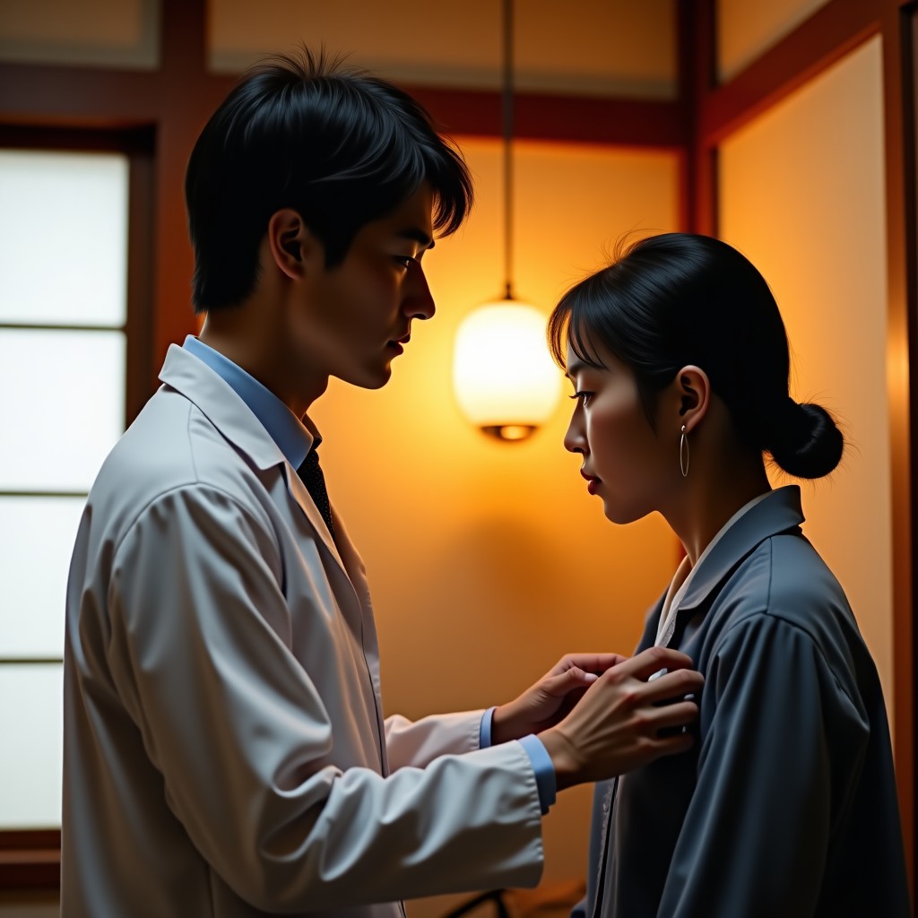A professional oriental medicine doctor taking a patient's pulse in a traditional Korean clinic setting, warm indoor lighting, wooden interior, focused and calm atmosphere, lifestyle photography. 1:1