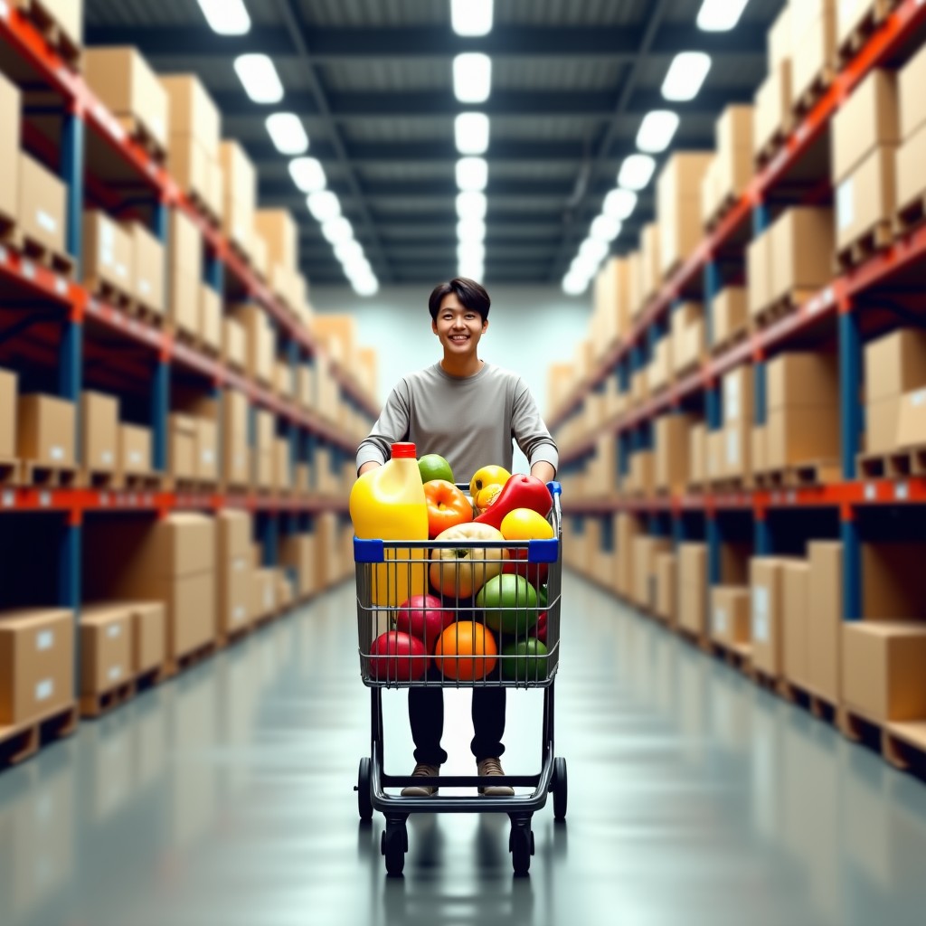 A full Costco shopping cart containing various grocery items like fruits, cooking oil, and boxes, a happy Korean person pushed it through the warehouse, realistic lifestyle photography, 1:1
