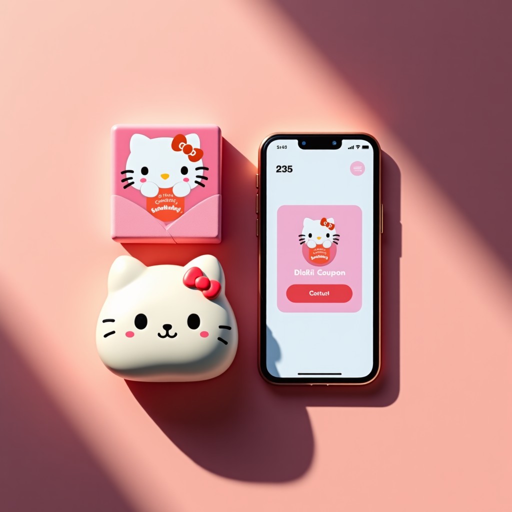 A flat lay of a Sanrio character gift set next to a smartphone showing a digital discount coupon. High quality lifestyle photography with warm lighting. 4:3