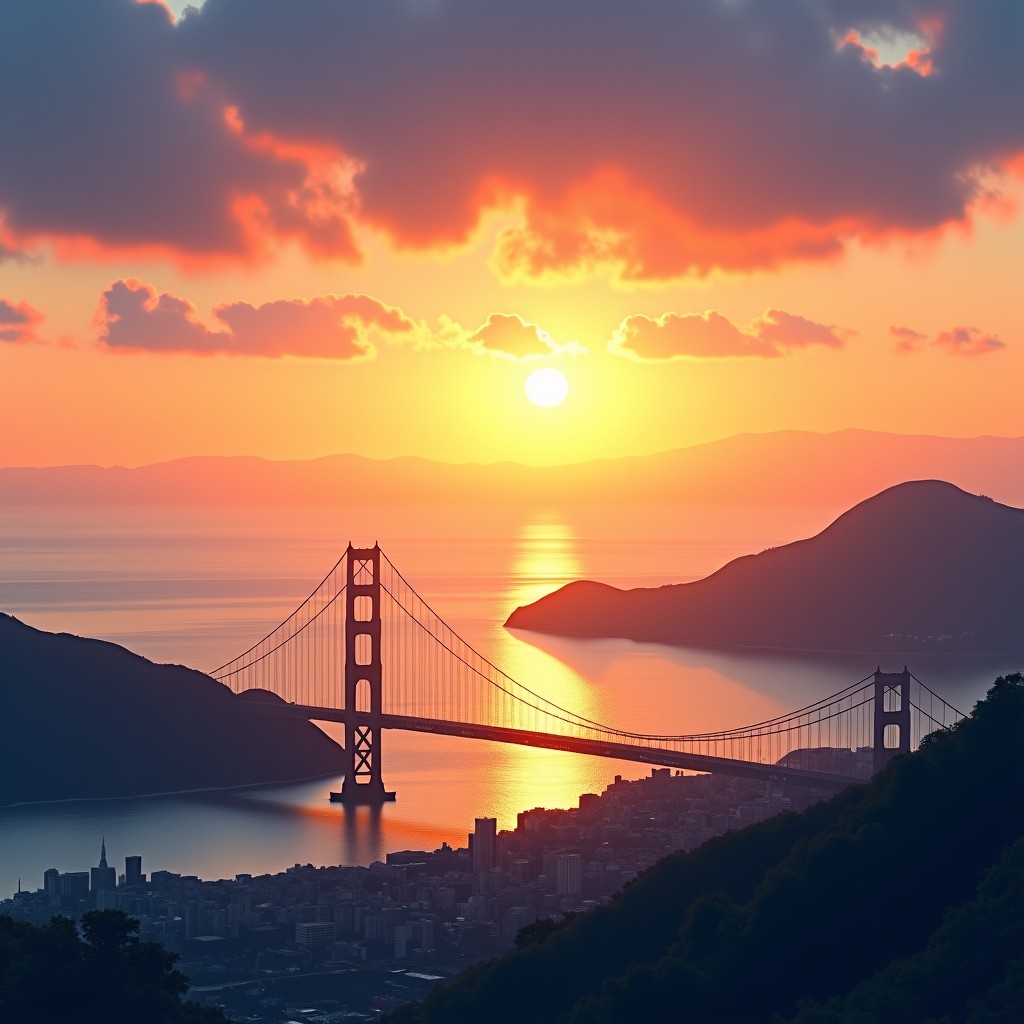 A sunset view over a coastal city in Japan, with a bridge over the water, golden hour lighting, calm sea, realistic lifestyle photography, 4:3