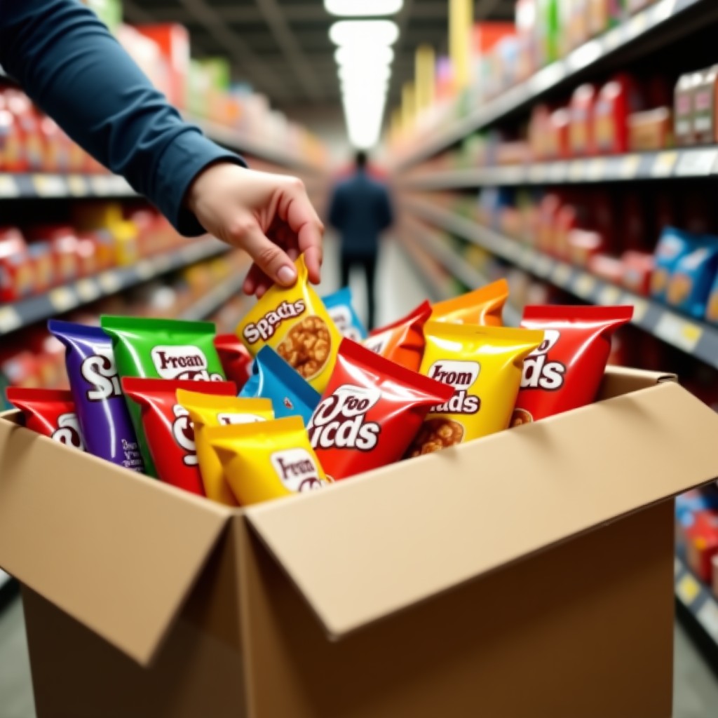 A large cardboard box filled to the brim with various colorful snack bags in a grocery store. A person's hand is reaching for a snack bag. Realistic lifestyle photography of a Goraeat Festa February shopping scene. 1:1