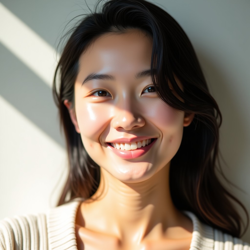 A Korean woman with clear and glowing glass skin smiling naturally under soft sunlight. The skin texture is smooth and hydrated. High-quality lifestyle photography. 4:3