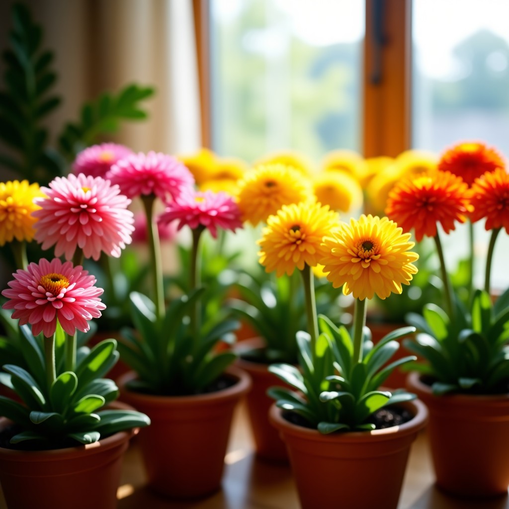 A vibrant indoor garden scene featuring several pots of Ranunculus flowers in various colors like pink, yellow, and orange. The sunlight streams through a window, highlighting the multi-layered petals. High-quality photography, warm lighting, natural home atmosphere. 4:3