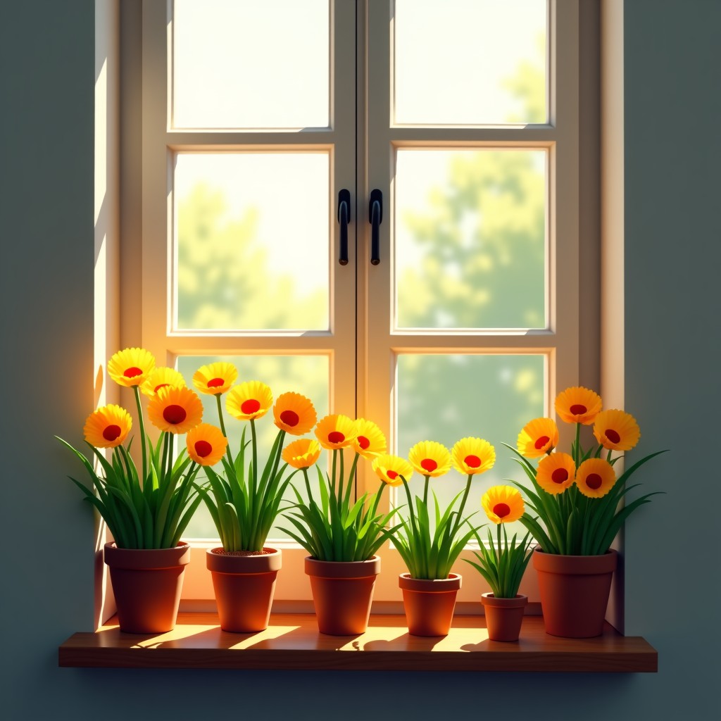 A sun-drenched balcony with a shelf full of spring flowers including Ranunculus. The light is soft and natural, casting gentle shadows. The atmosphere is peaceful and serene, typical of a well-maintained home garden. 4:3