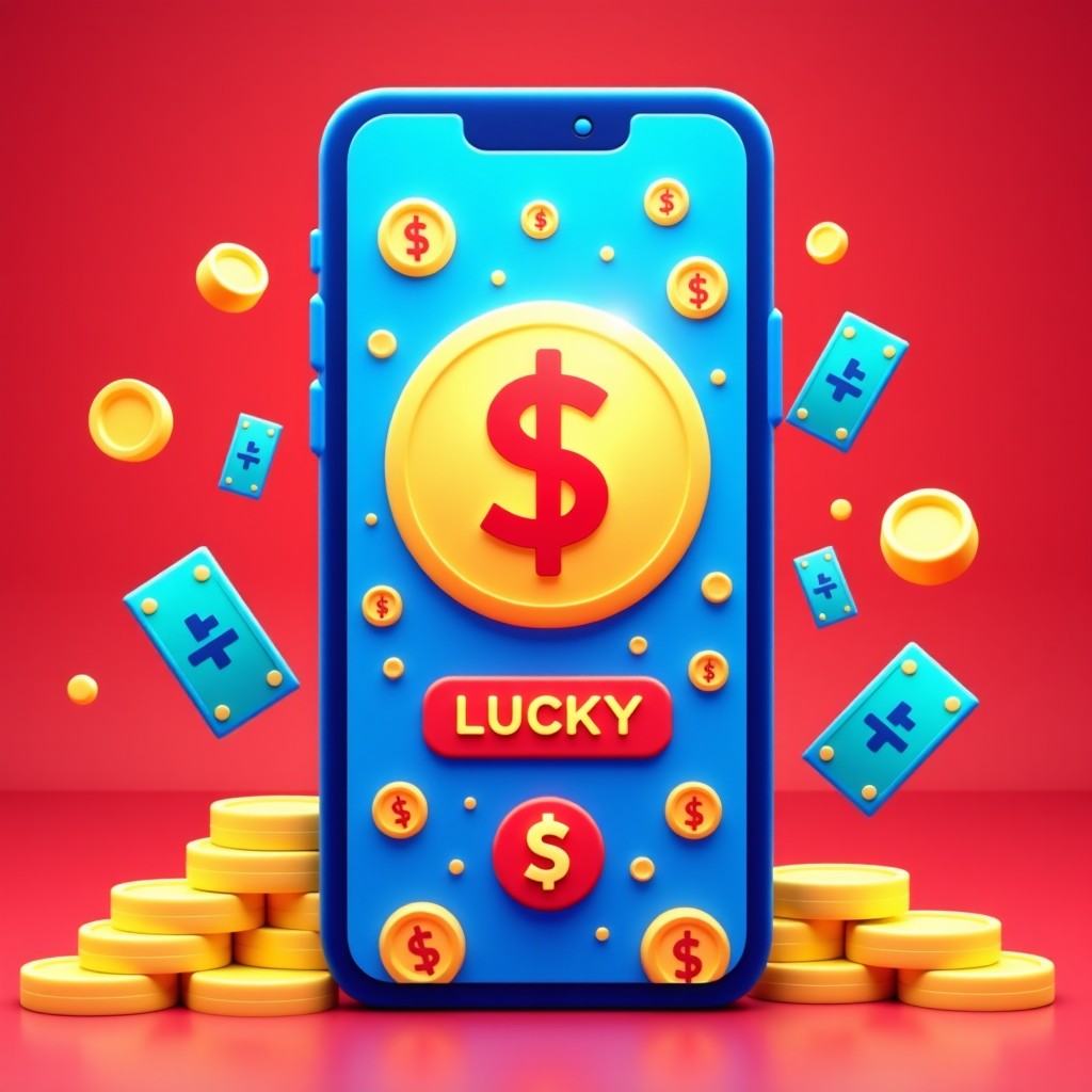 A digital illustration of a smartphone screen displaying a lucky draw event with colorful Korean traditional patterns and cash symbols. Vibrant blue and red color scheme. 1:1