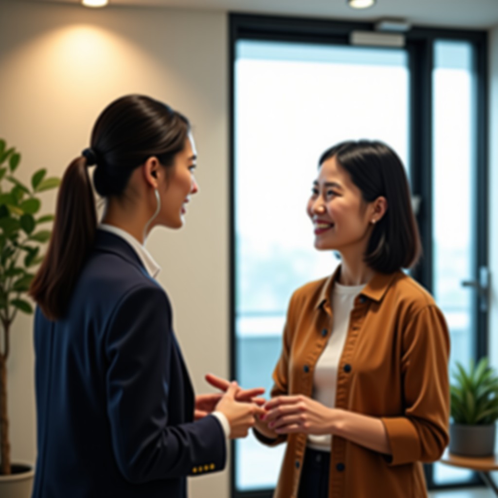 A friendly conversation between a female social worker and a visitor at a modern Korean community service center, soft lighting, professional and warm environment, realistic photography, 4:3
