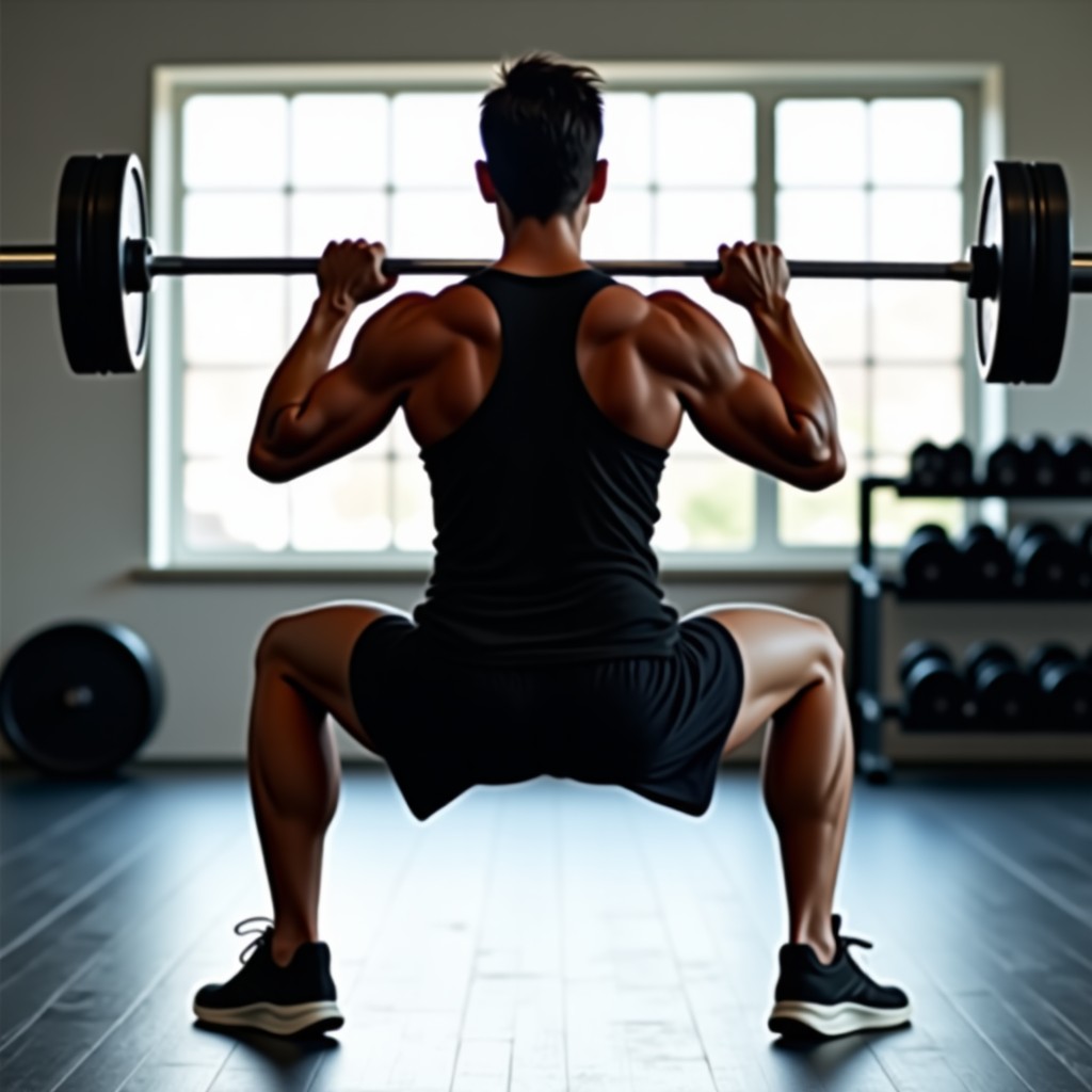 A person performing squats in a bright modern gym environment, focus on leg muscle engagement, natural lighting, 4:3