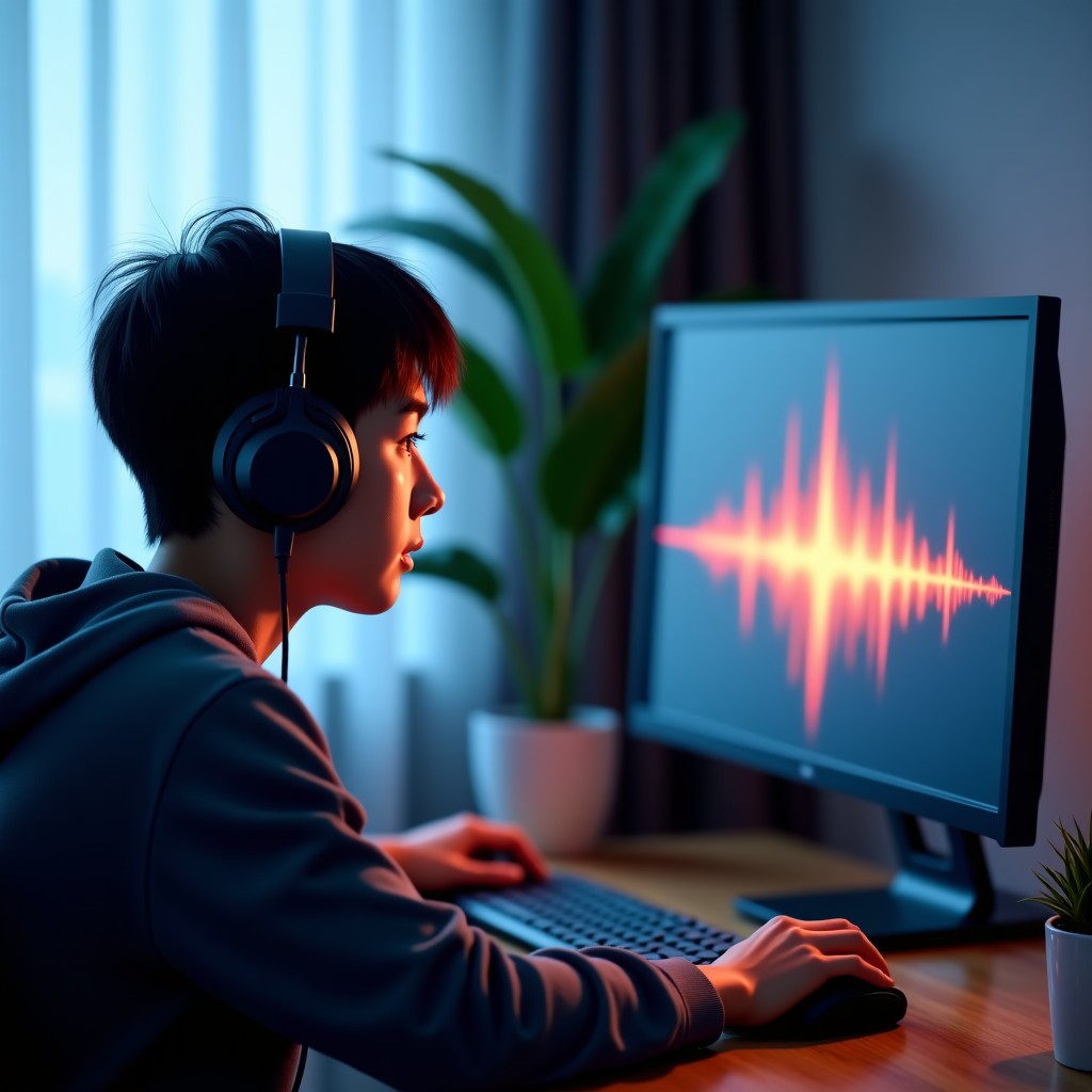 A Korean student wearing high quality headphones and looking at a computer screen with audio wave graphics, intense concentration, modern home study room, soft lighting, 4:3