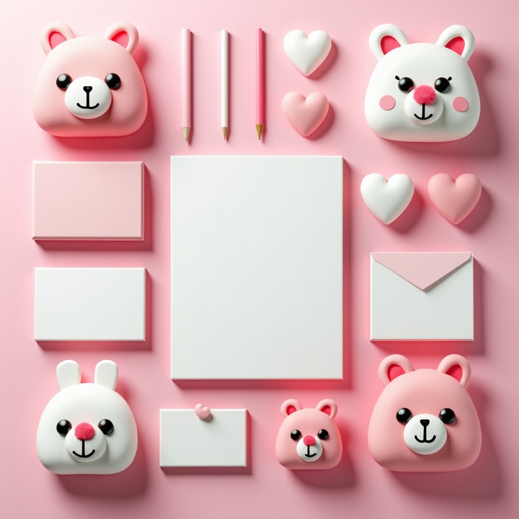 A beautiful flat lay composition of various pink and white character-themed stationery and accessories on a pastel background. Soft lighting, high quality, artistic rendering, 4:3