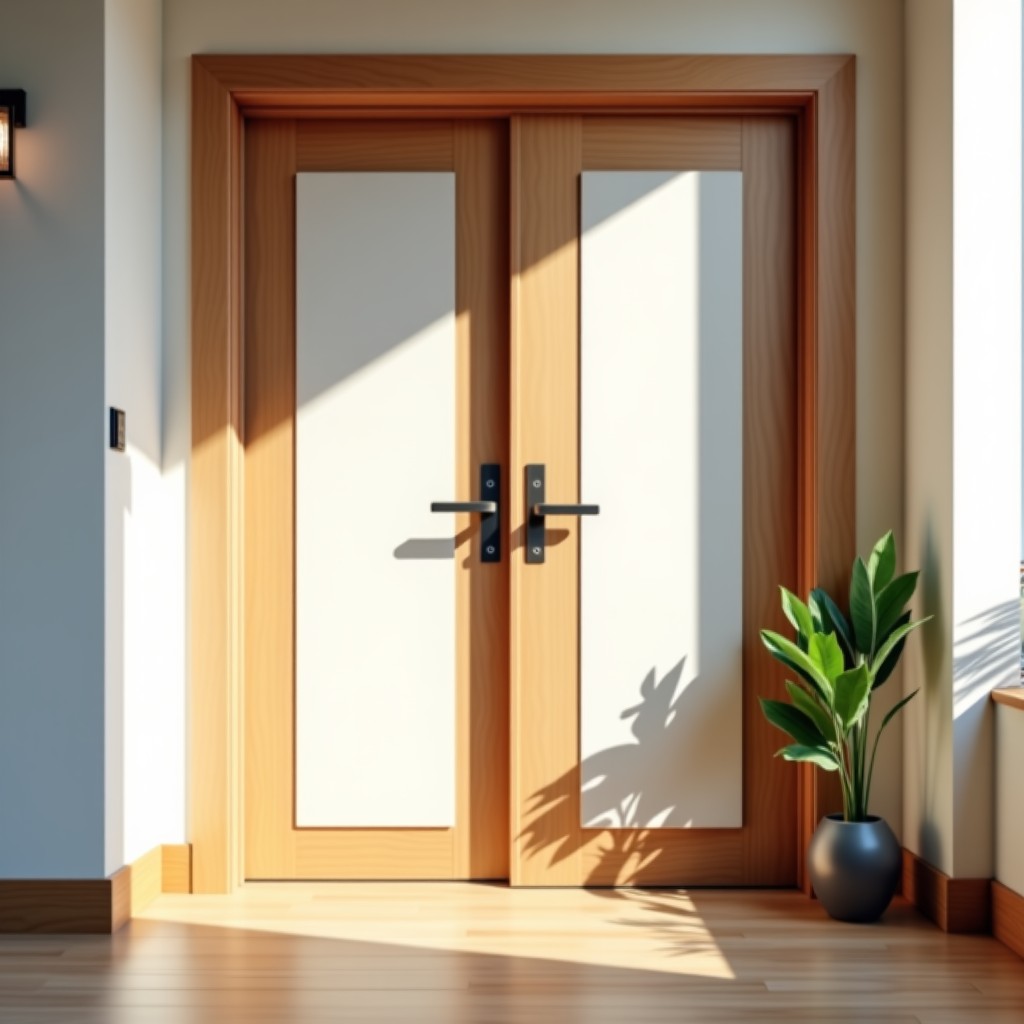 A modern Korean apartment front door with two traditional white paper strips attached in a V shape, natural lighting, clean and hopeful mood, 1:1