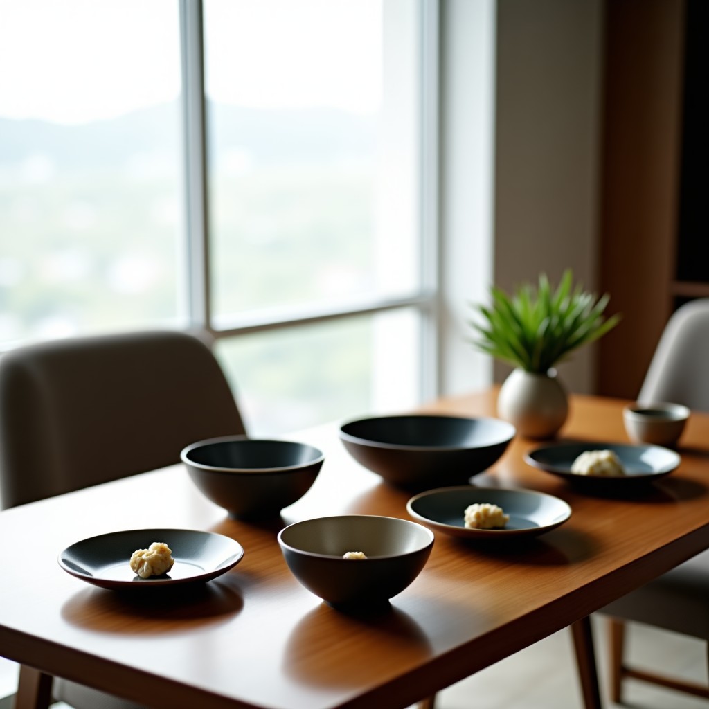 A modern and simplified Korean ritual table in a contemporary apartment setting. The table is smaller but elegant, featuring high-quality essential dishes. Bright natural light from a window. 4:3
