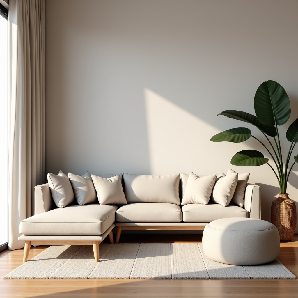 Modern and cozy living room featuring premium baby furniture, high-quality wood textures, soft neutral colors, sophisticated interior styling, 1:1