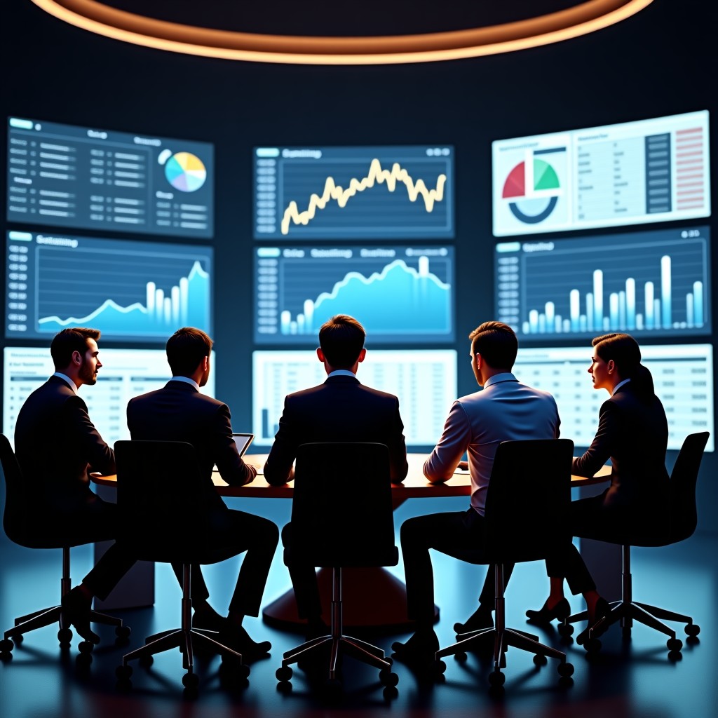 A professional and modern financial office setting with high-end computer monitors displaying stock market data and analytical charts. A team of experts in business attire is having a focused discussion around a large wooden table. The atmosphere is serious and sophisticated with soft indoor lighting. 16:9