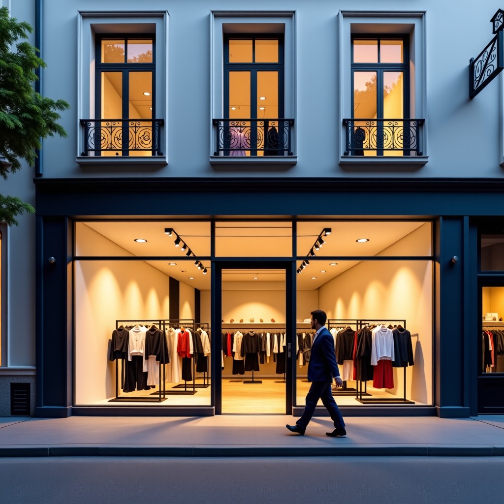 Exterior of a modern and stylish fashion retail store in a major European city, large glass windows displaying trendy clothes, shoppers walking by, sunset lighting, 1:1