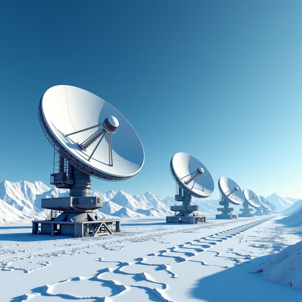 Large satellite dishes and radar antennas at a modern spaceport in the Arctic region. The background features snowy mountains and a cold blue sky. The scene shows advanced technology integrated into a harsh natural environment. Realistic photography style, sharp focus. 4:3