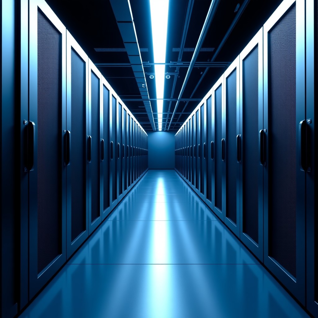 Professional large-scale cryptocurrency mining farm infrastructure, rows of advanced hardware with glowing led lights, industrial cooling fans, metallic textures, perspective view of a vast data center, 1:1