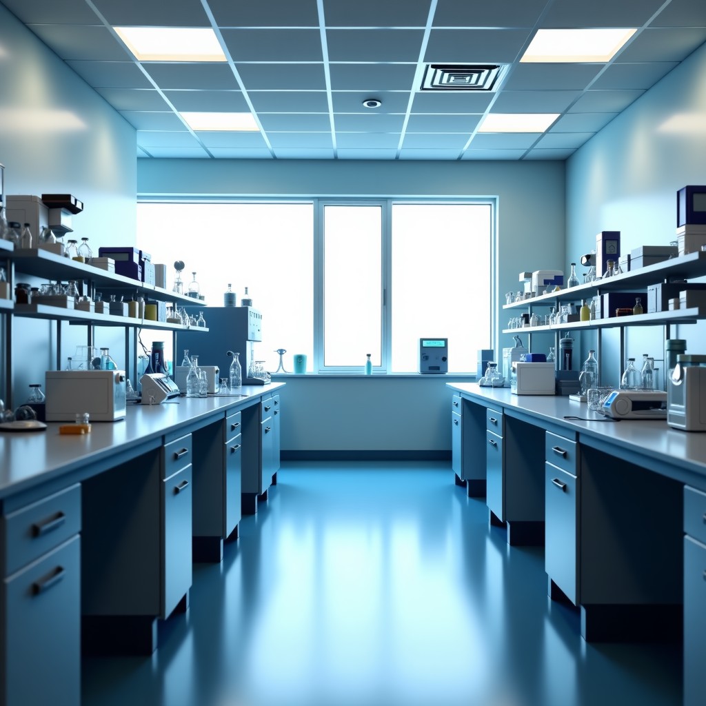 A modern high-tech laboratory with advanced scientific equipment, clean interior, soft natural lighting, a sense of stillness and professional atmosphere, high quality photography style, 4:3
