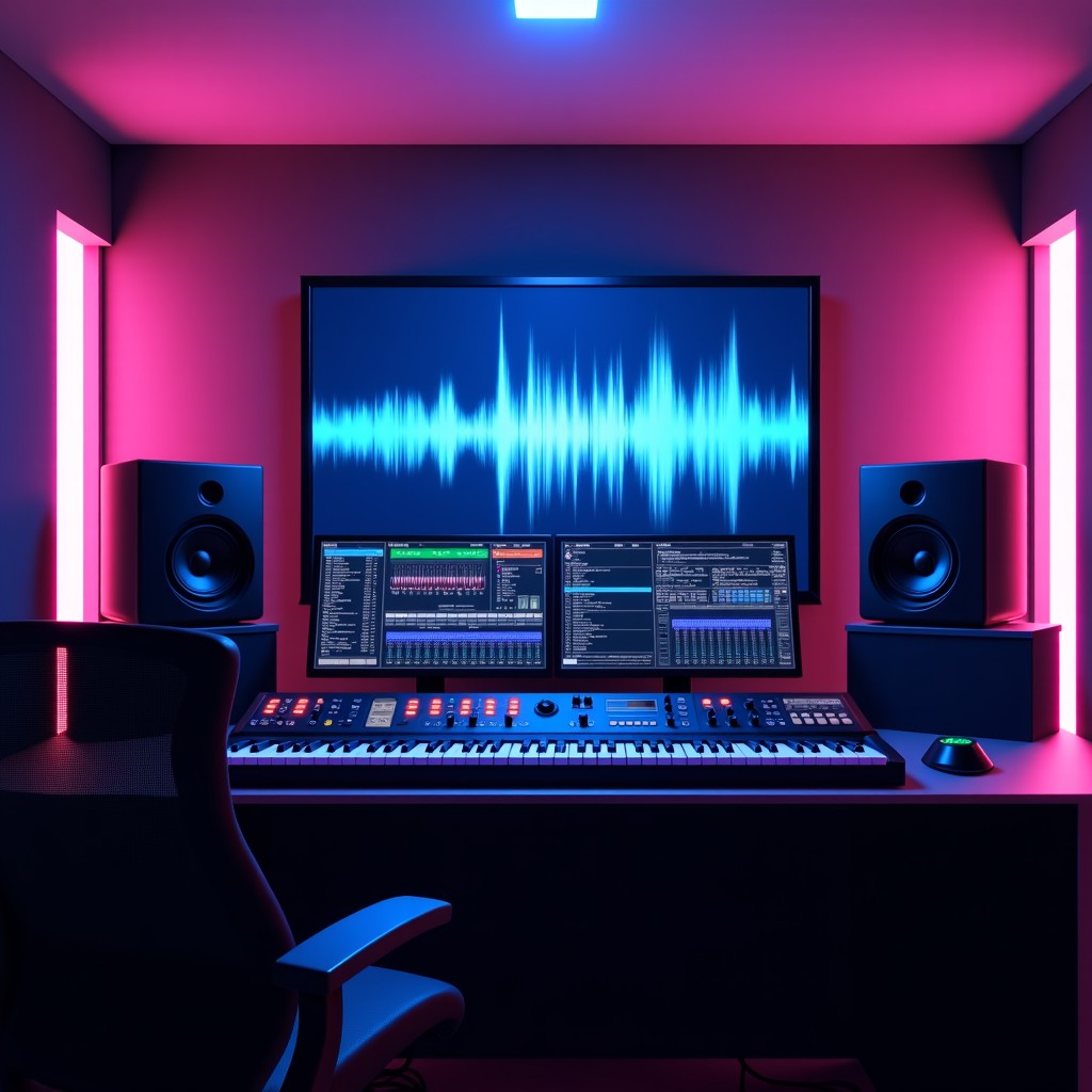 A professional music production studio with high-tech synthesizers and monitor screens displaying sound waves. The room is filled with moody neon purple and blue lighting. Realistic and cinematic style. 4:3