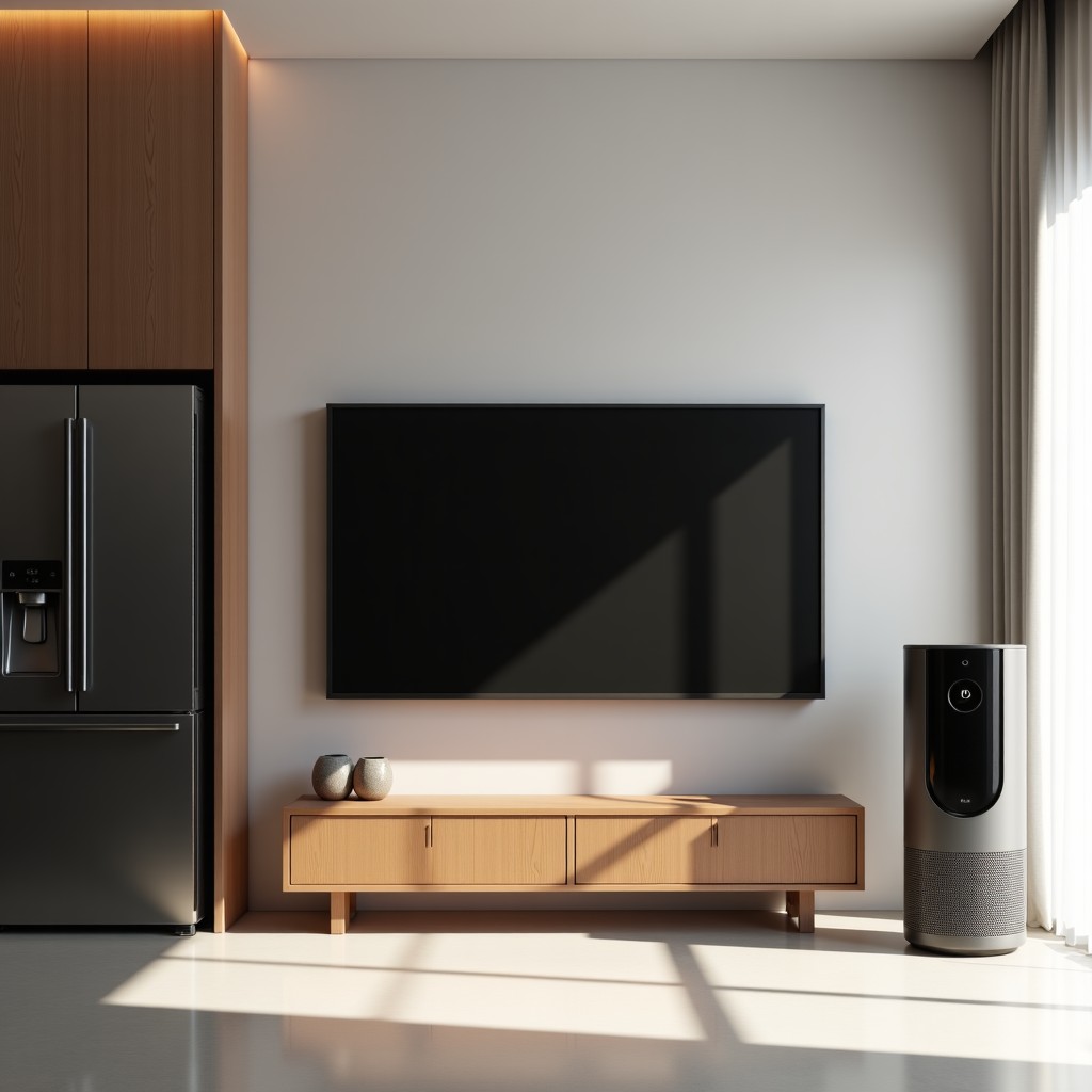 A luxurious modern home interior featuring a high-end refrigerator, a large screen TV, and a stylish air purifier, elegant minimalist design, 1:1