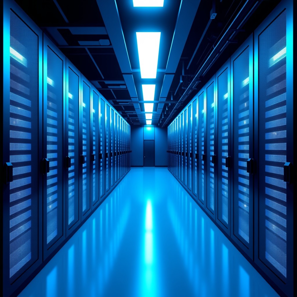 High-tech server room inside a modern sports stadium, glowing blue LED lights on server racks, fiber optic cables neatly organized, professional and clean atmosphere, No Korean Text, 4:3