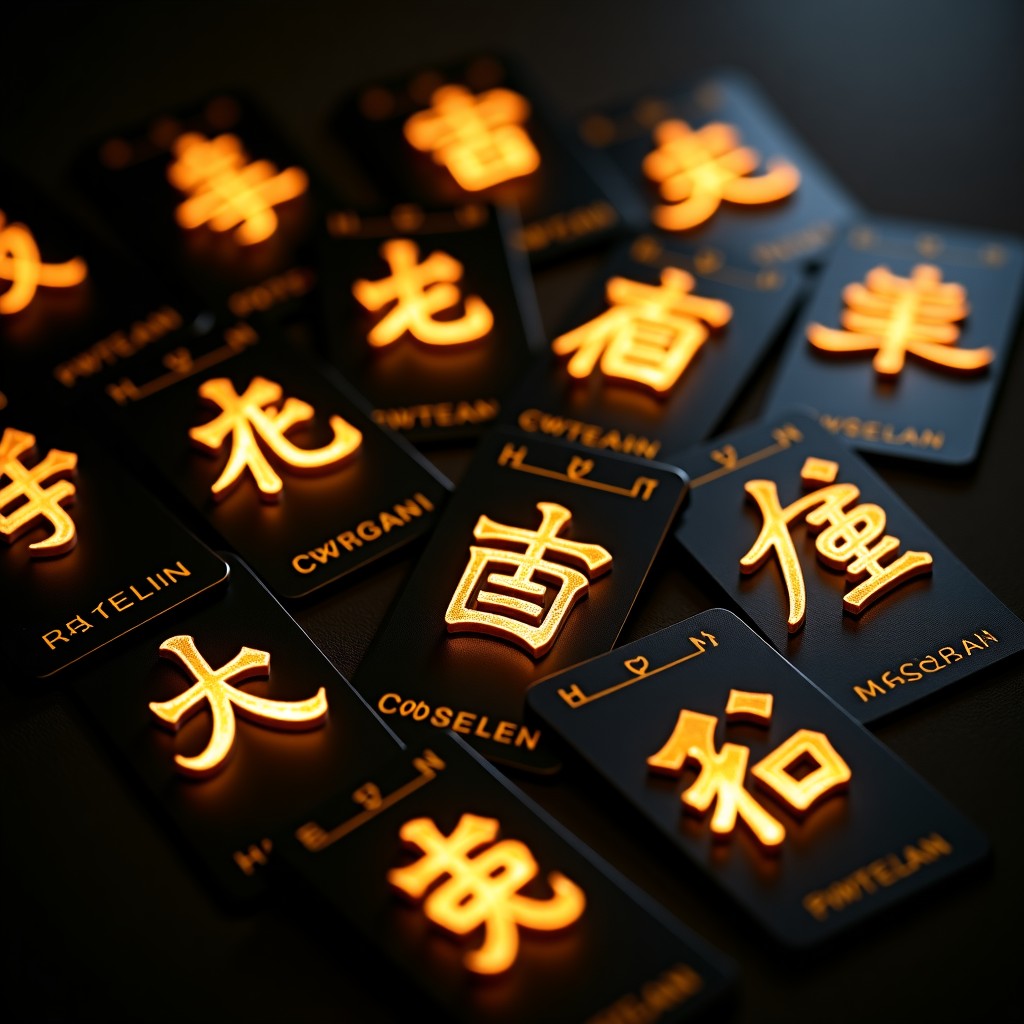 Modern tarot cards mixed with golden glowing Hanja characters representing fate. High contrast, elegant composition, 1:1