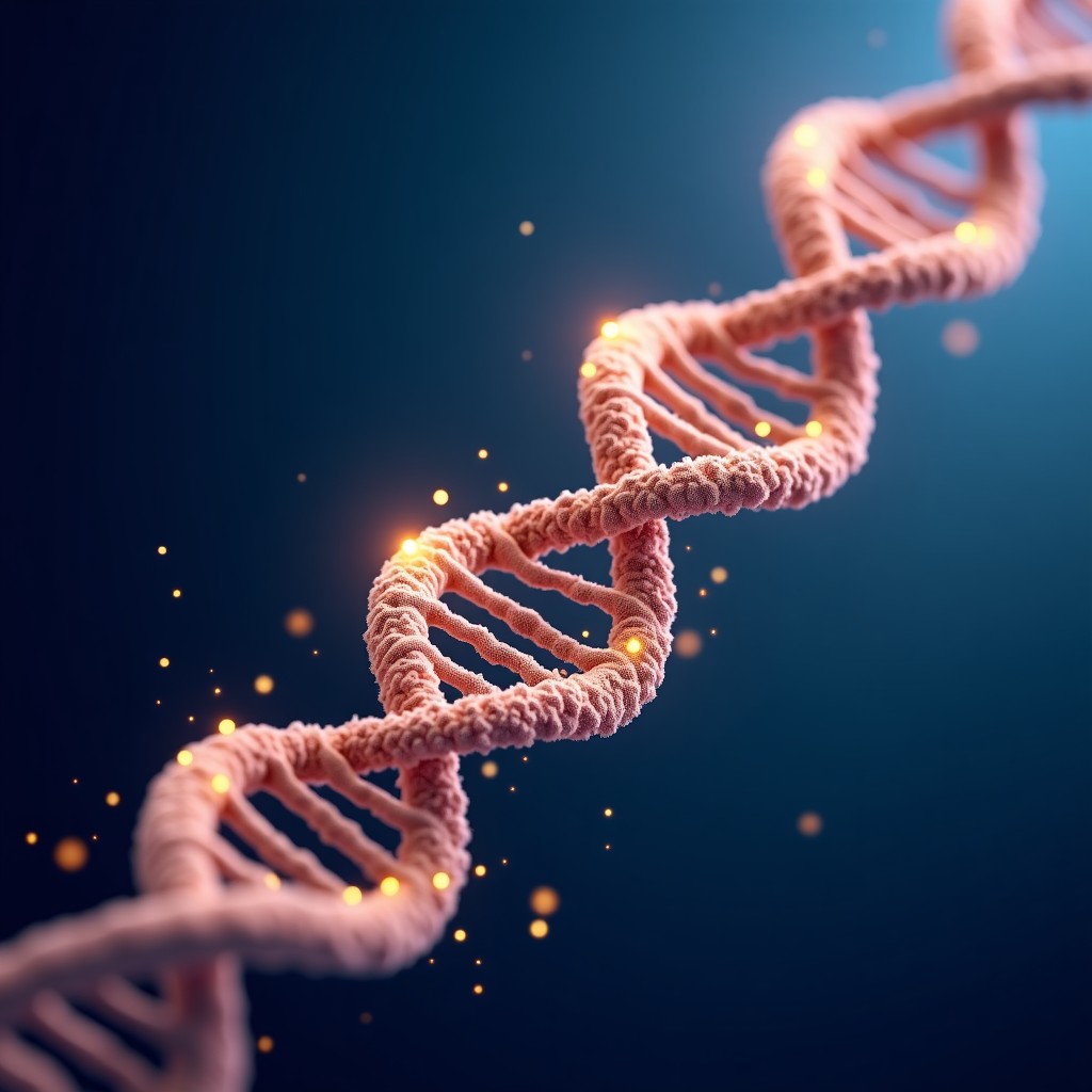 Abstract illustration of DNA strands being repaired, glowing golden particles, scientific visualization, deep blue background, 4:3