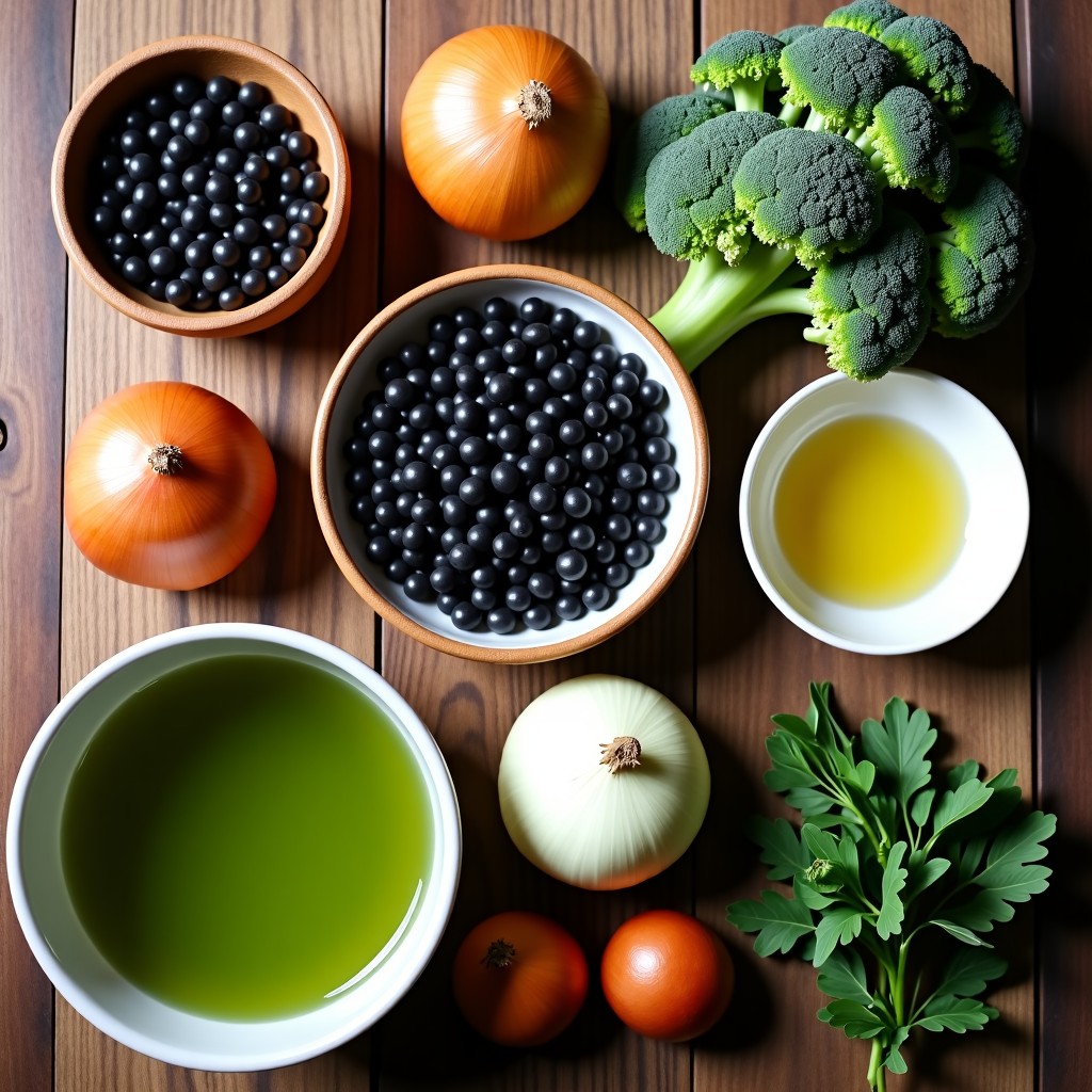 A flat lay of various healthy ingredients including black beans, broccoli, onions, and green tea on a rustic wooden table, soft natural sunlight, professional food photography, vibrant colors. 1:1