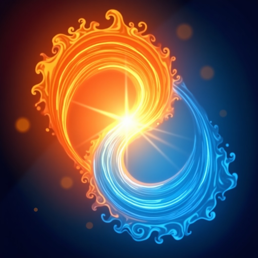 Abstract artistic representation of fire and water elements swirling together, vibrant orange and blue colors, magical glow, high resolution, detailed digital art, 1:1