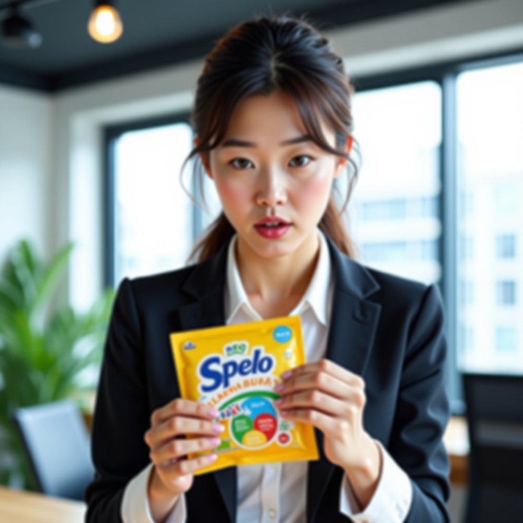 A young professional Korean woman in a modern office, wearing stylish business casual attire, looking at a colorful and intriguing product package with a surprised and curious expression, bright and clean office background, 4:3