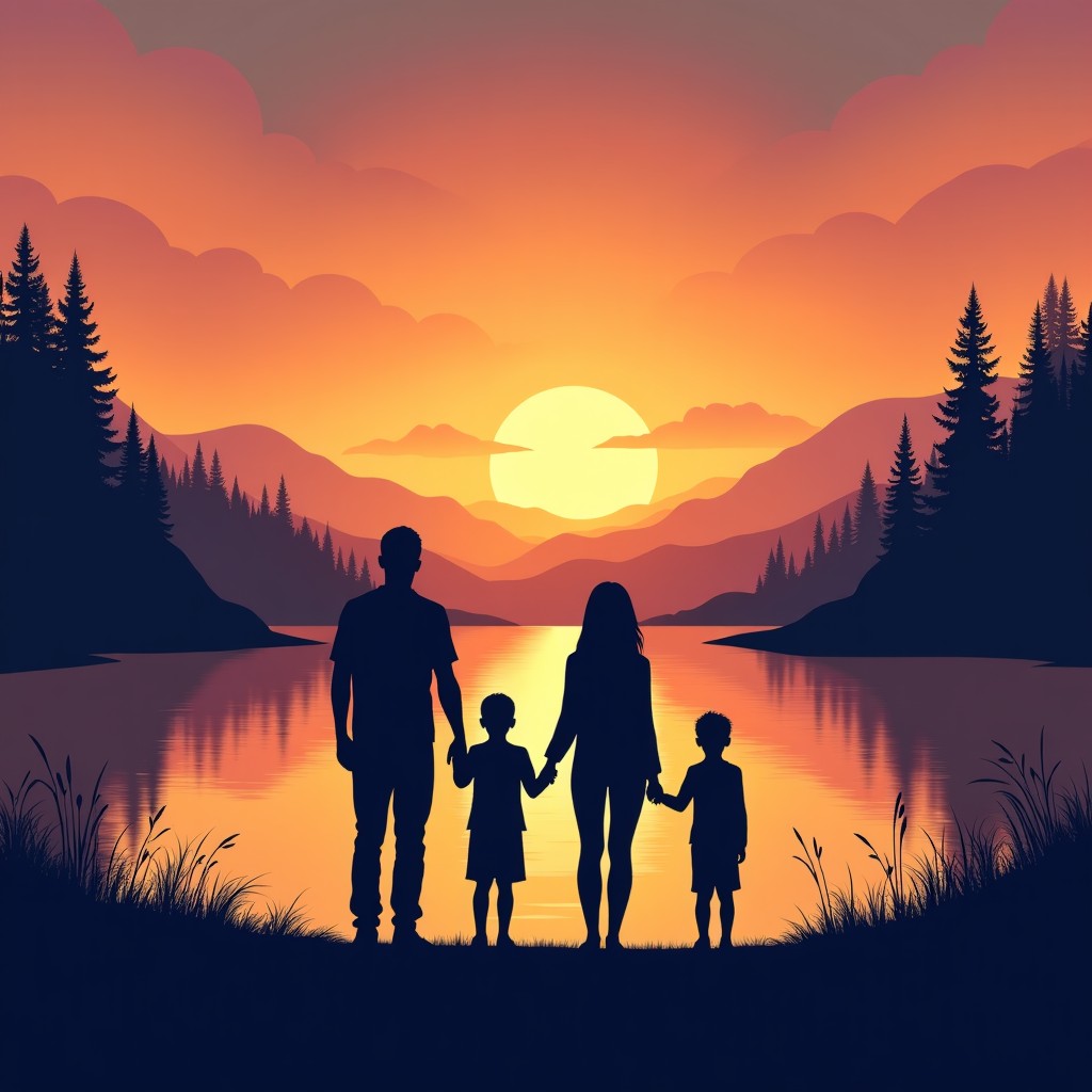 Silhouettes of a family of three standing by a calm lake at sunset. The sky is filled with orange and purple hues. A peaceful and emotional atmosphere. Detailed composition. 4:3