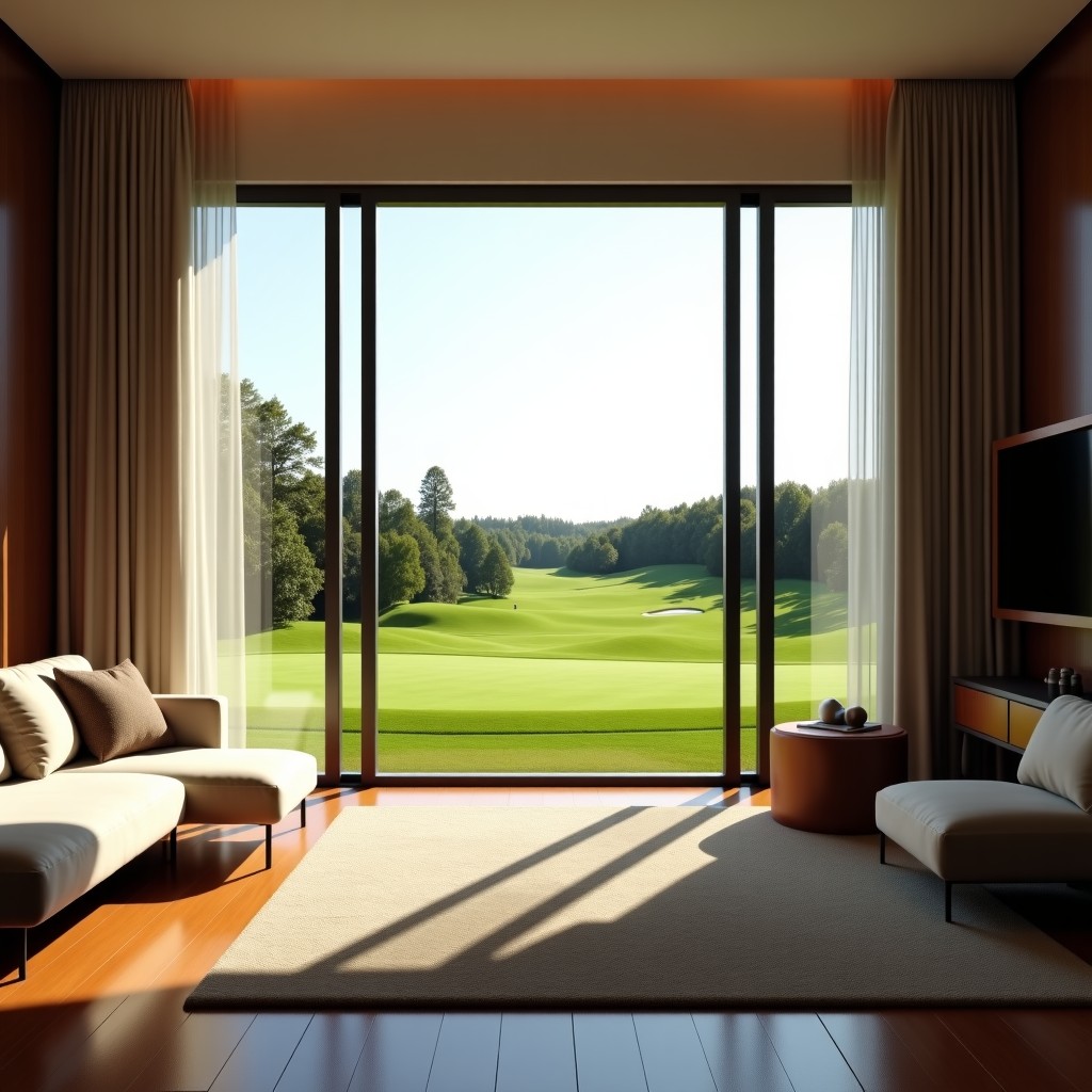 Inside a luxury hotel room with high ceilings, large floor to ceiling window showing a beautiful green golf course view, modern and warm interior design, sunlight streaming in, high quality photography, 4:3