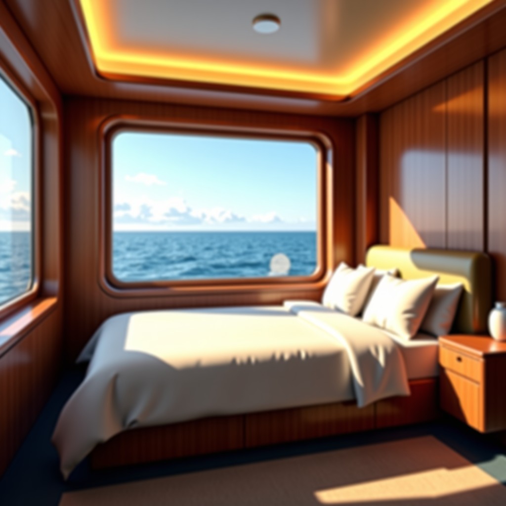 Interior of a luxury train bedroom with a comfortable bed, large window showing sea view, warm lighting, elegant wooden finish, no text, 4:3