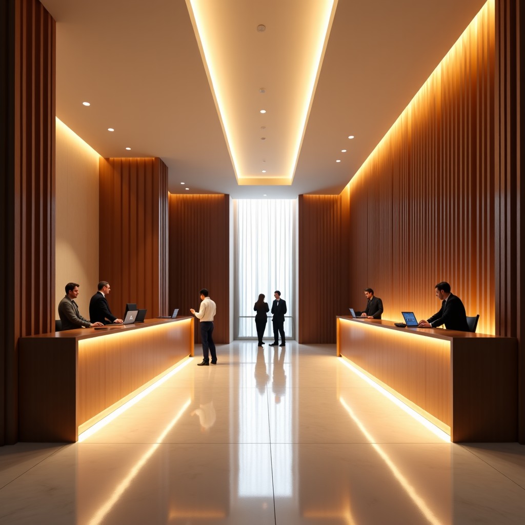 A modern and luxury hotel lobby with high ceilings and warm lighting, wooden accents, people checking in at the front desk, calm and peaceful mood, high quality photography, 4:3