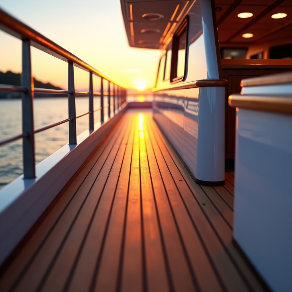 luxury yacht deck with beautiful wooden texture, sunset lighting, high-end maritime lifestyle, 4:3