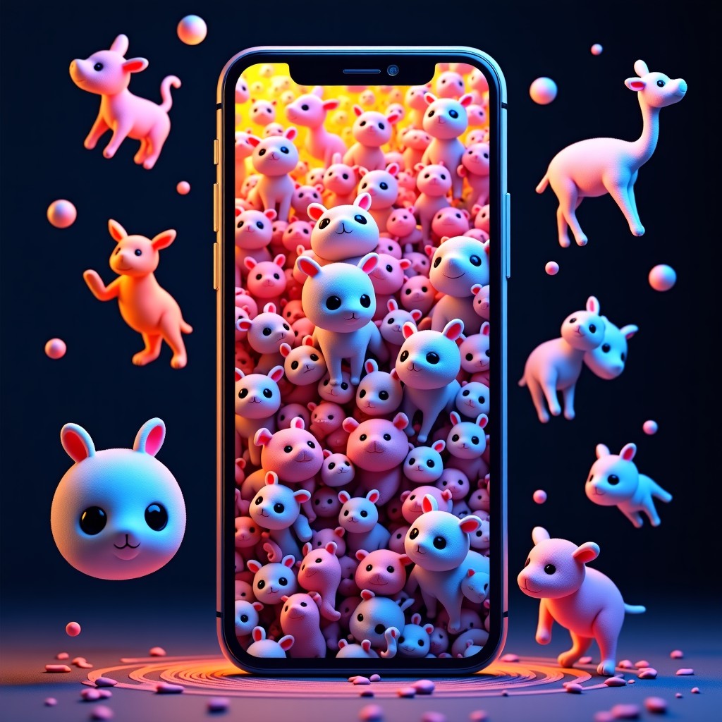 An overcrowded smartphone screen displaying surreal and distorted AI generated images of animals and people, chaotic social media feed interface, high contrast, vibrant colors, AI slop concept, 4:3