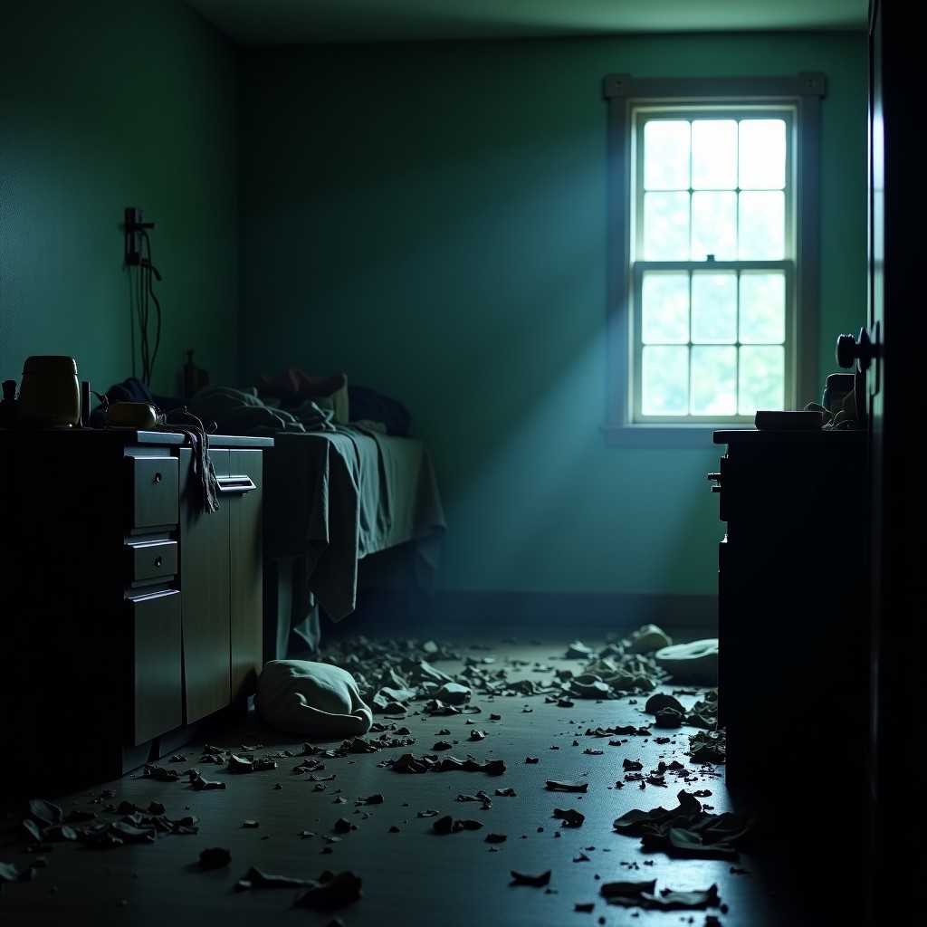 A messy and dark room with scattered objects, a sense of dread and chaos, dim lighting, cinematic composition, 4:3