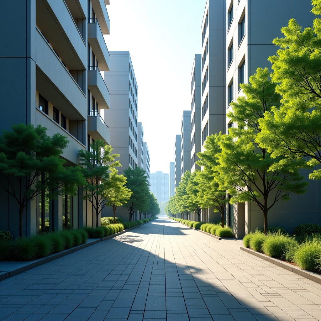 A peaceful street scene near Hongdae Gyeongui Line Forest Trail in Seoul, modern buildings and greenery, afternoon sunlight, 4:3