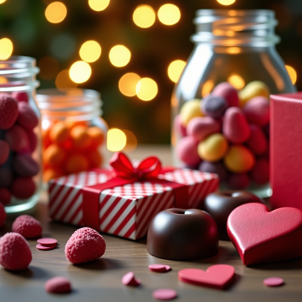 A romantic table setting with various colorful candies in glass jars, beautifully wrapped gift boxes, and heart-shaped chocolates. The lighting is warm and soft, creating a cozy atmosphere. High-quality photography style with shallow depth of field. 4:3