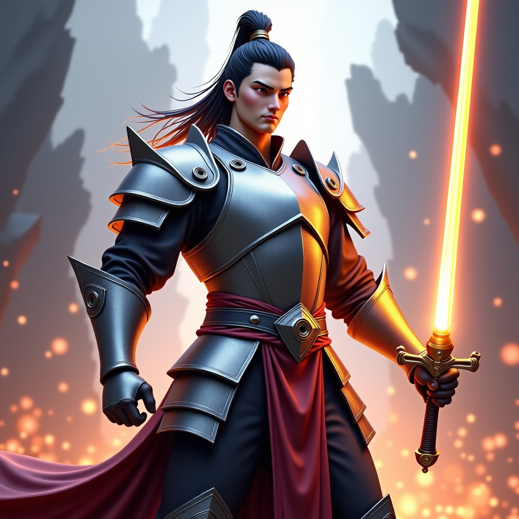 A heroic Korean male warrior in glowing intricate silver armor holding a magical sword, epic battlefield background, dynamic pose, 1:1