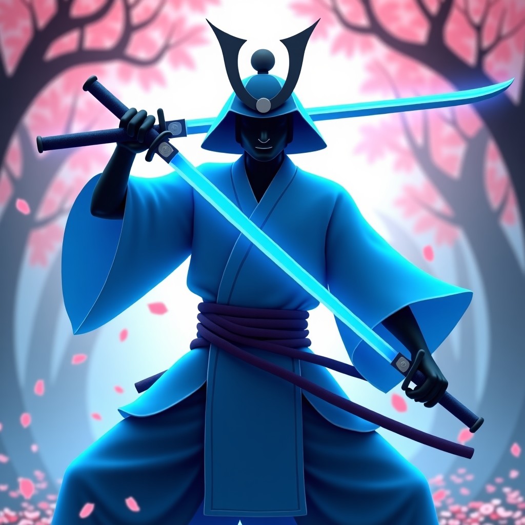 A heroic samurai character clad in ghostly blue armor swinging a glowing katana, cherry blossom petals falling, cinematic lighting, 4:3