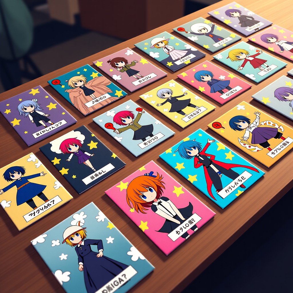 Vibrant and colorful manga panels and collectible cards spread out on a wooden table, artistic and textured background, 4:3