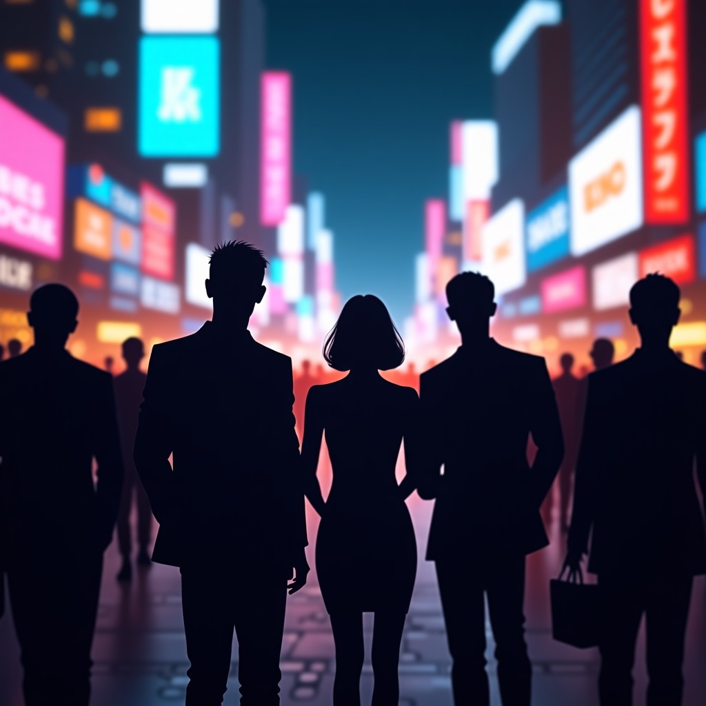 A cinematic night view of a modern city skyline. A stylized representation of high-profile celebrities attending a glamorous event. Glowing city lights, sleek fashion, artistic and moody atmosphere. 4:3