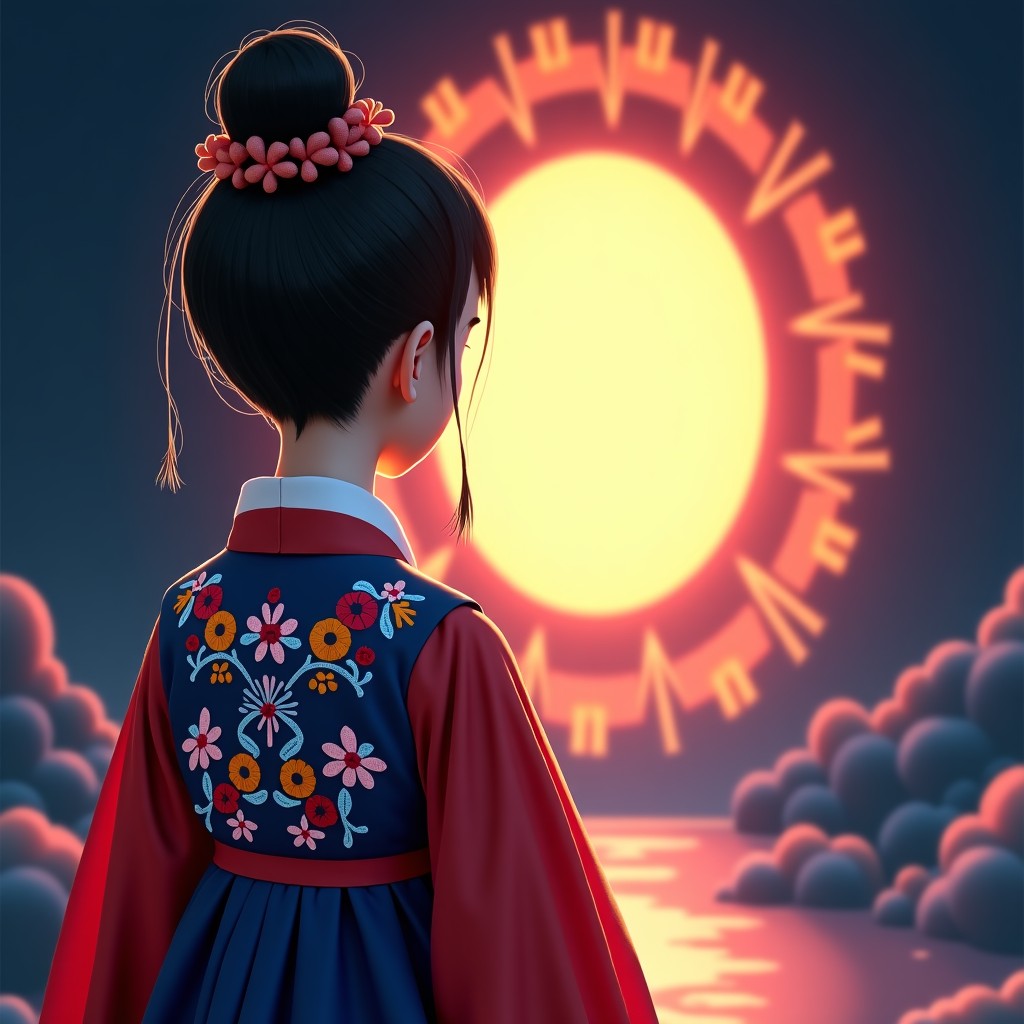 A person wearing a colorful traditional Korean Hanbok with intricate embroidery looking at a glowing mystical portal. Dark background, vibrant colors, 4:3
