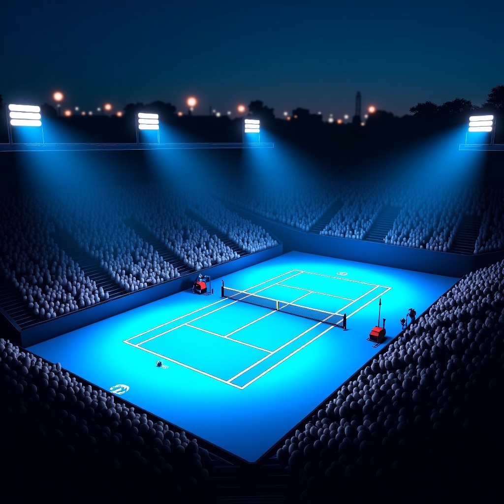 A high-angle view of a tennis stadium at night under bright floodlights, vibrant blue hard court, cinematic dark background with glowing stadium lights, intense atmosphere. 4:3