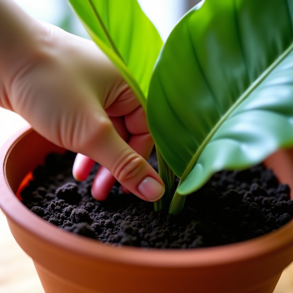 A close up photo of a hand checking the soil moisture of a potted Monstera plant fingers touching dark soil inside a terracotta pot natural light focus on soil texture 1:1