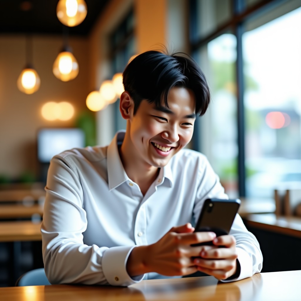 A happy young Korean male employee looking at his smartphone with a joyful expression, sitting in a bright modern urban cafe, vibrant and positive mood, high quality photography. 1:1